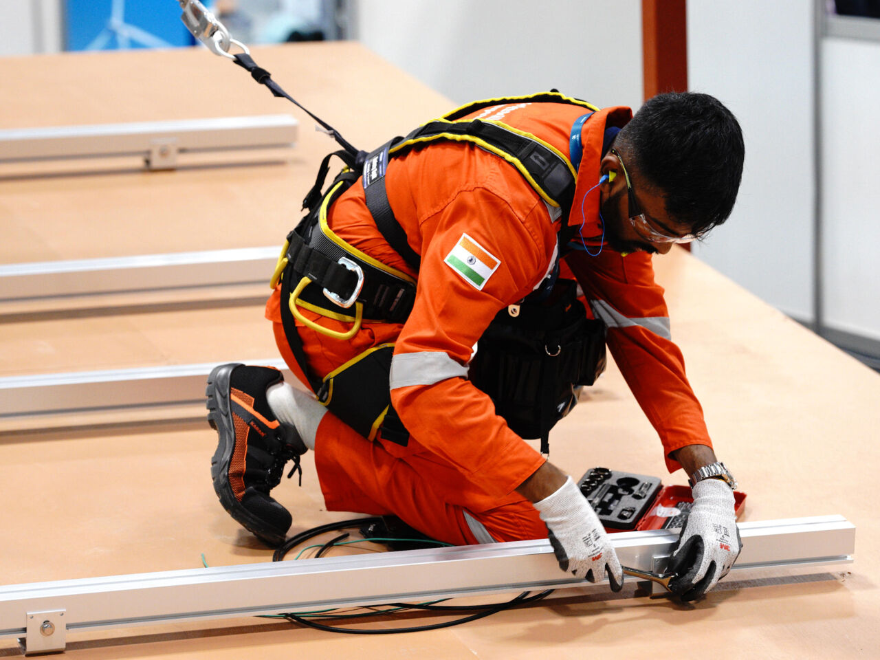 A male competitor works on a renewable energy installation during WorldSkills Competition 2022 Special Edition in Kyoto, Japan from 15-18 October 2022.
